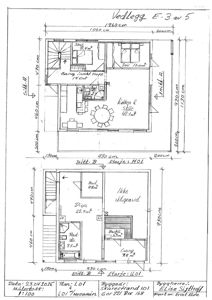 Etasjeplaner (1. og 2. etasje) med romfordeling, mål og arealoppdeling.