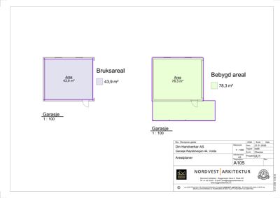 Arealplan for garasje med oppgitt bruksareal (43,9 m²) og bebygd areal (78,3 m²).