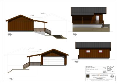Fasadetegning som viser bygningens utsyn fra fire sider (Vest, Sør, Øst, Nord) med mål 1:50.
