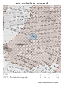 Kart over et område med markerte aktsomhetsområder for jord- og flomskred.