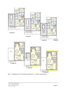 Plantegninger som viser romfordeling og funksjoner for 1. og 2. etasje i tre ulike enheter (K4, K5, K6).