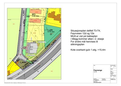Situasjonsplan som viser tomtens beliggenhet, nabotomter, veier (Føyneveien, Føyenga), og plassering av bygninger (MUA) og arealer (VS2, LEK).