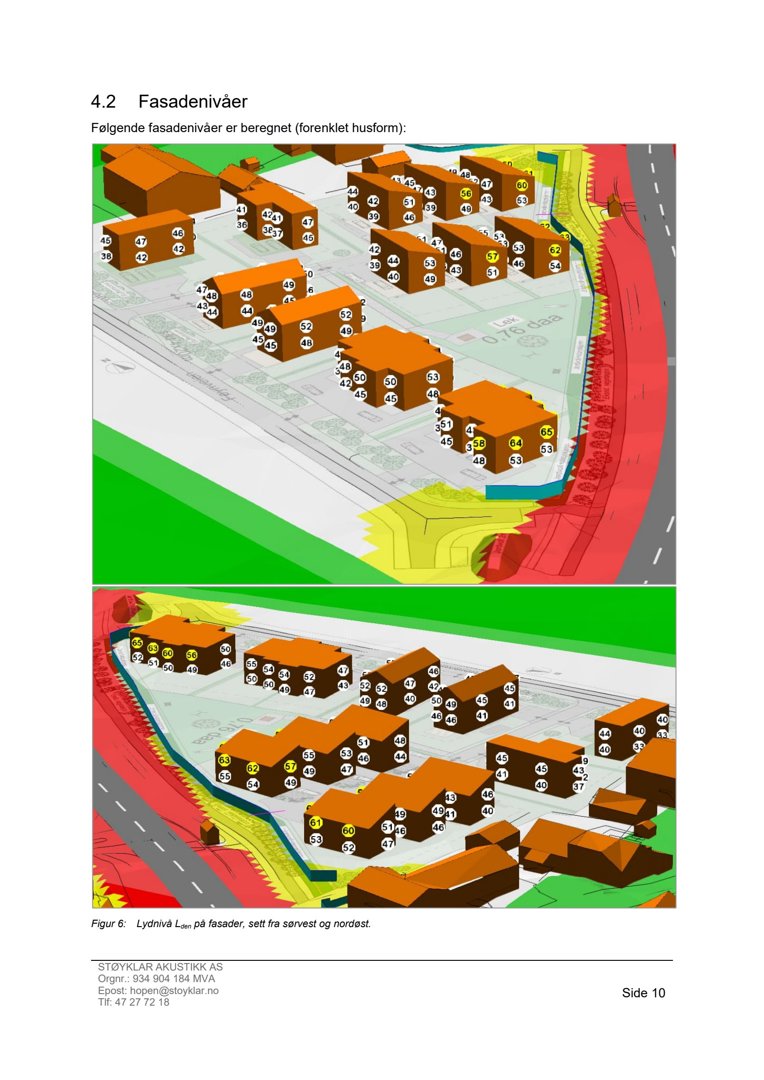 3D-visualisering (rendering) som viser fasadehøyder og lydnivå (Lden) for en rekke hus i et boligfelt.