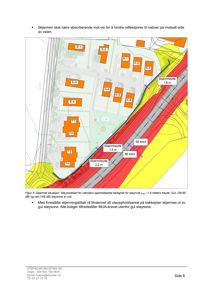 Situasjonsplan som viser plassering av bygninger (E-1 til K-6, T1-T4) i forhold til en vei og et støykart (støysone). Planen illustrerer også foreslåtte skjermer med angitte høyder.