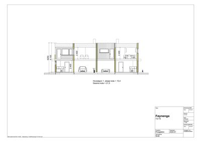 Snittegning som viser bygningens tverrsnitt med romfordeling, høyder og konstruksjonsdetaljer.