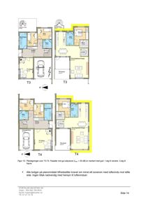 Bildet viser etasjeplaner (plantegninger) for to etasjer av boliger, merket T3 og T4. Det er også inkludert en akustisk vurdering fra STØYKLAR AKUSTIKK AS.