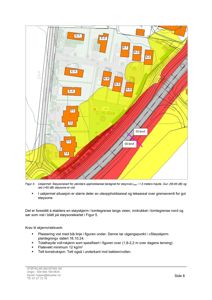 Situasjonsplan som viser støysoner (gul og rød) rundt en vei, plassering av bygninger (E-1 til K-4, T1-T4), samt forslag til støykjerm langs veien.