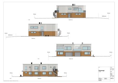 Fasadetegning som viser bygningens utseende fra fire ulike sider (vest, øst, nord og sør).