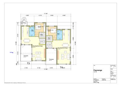 Etasjeplan (Plan 2 etg.) som viser romfordeling, dimensjoner og plassering av vegg for to boligenheter (T3 og T4).