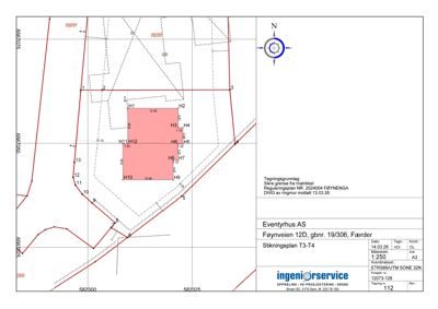 Stikningsplan som viser grenser for eiendom (H1-H12) med koordinater og matrikkelgrenser.