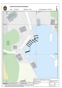 Utskrift fra Norkart AS kartklient som viser et område med bygninger, vei (Bøynesvegen) og vann, inkludert koordinatsystem og målestokk.
