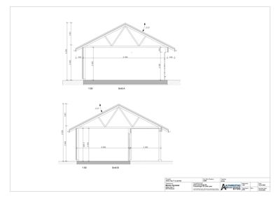 Tegning som viser tverrsnitt gjennom en bygning (Snitt A og Snitt B) med mål på høyder, bredder og takhelling.