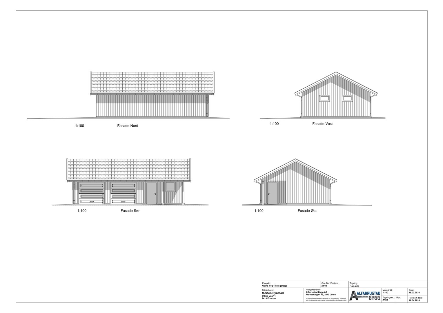 Fasadetegning som viser bygningens utseende fra alle fire sider (Nord, Vest, Sør, Øst).