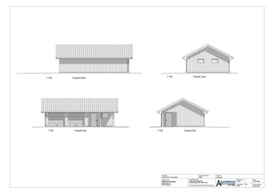 Fasadetegning som viser bygningens utseende fra alle fire sider (Nord, Vest, Sør, Øst).