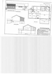 En meldingsplan (anmeldesestegning) som viser etasjeplan (PLAN 1. ETD.) samt fasader og snitt for en planlagt tilbygging.