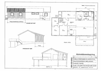 En anmelde- og tegningspakke som viser etasjeplan (PLAN 1. ETG), fasader (MOT ØST og SØR) og et snitt (SNITT A-A) for en tilbygg.