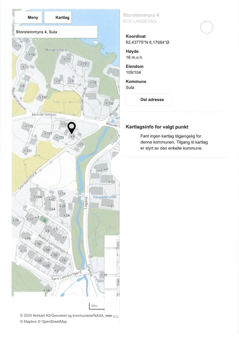 Kartutsnitt som viser eiendommen Storsteinmyra 4 i Sula, med nabolag, vegnett og topografi.