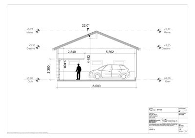 Snittegning (Snitt B) av en garasje med angitte mål, høyder og nivåer.