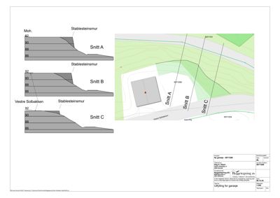 Snittegning som viser tverrsnitt gjennom en stablesteinsmur ved ulike punkter (A, B og C) i forhold til terrenget.
