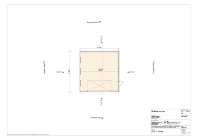 Etasjeplan for en garasje med angitte mål, fasader og snitt.