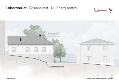 Fasadetegning av en bygning med merking om endringer på taket og grunnmuren.