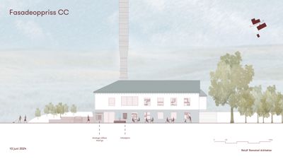 Fasadeoppriks tegning som viser bygningens utseende sett fra siden, inkludert vinduer, dører og omgivelser.