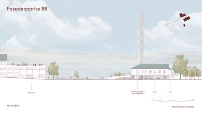 Fasadeoppriks tegning som viser bygningens utseende og plassering sett fra utsiden.