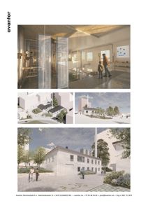 En samling av 3D-visualiseringer (renderinger) som viser interiør, situasjon og fasade av et planlagt bygg.