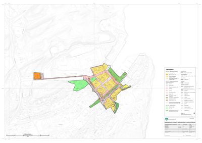 Situasjonsplan som viser tomtens beliggenhet, topografi og planlagt bebyggelse med fargekoding.