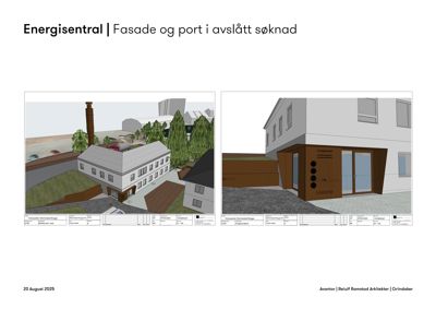 3D-visualisering av en energisentral med fokus på fasade og port, inkludert omgivelsene.