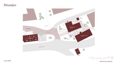 Situasjonsplan som viser bygningenes plassering i forhold til omgivelsene, veier og andre elementer.