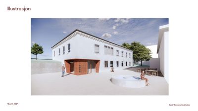 3D-visualisering av en planlagt bygning med omgivelser og møblering.