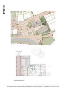 Bildet viser to tegninger. Øverst er en situasjonsplan eller etasjeplan med omgivelsene, og nederst er en detaljert innvendig plan med romfordeling og tekniske installasjoner.