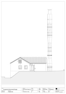 Fasadetegning av en bygning med en høy røykledning eller skorstein, inkludert mål og detaljer.