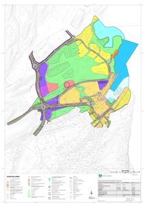 Situasjonsplan som viser tomtens arealplanlegging med fargekodet inndeling av ulike soneområder (f.eks. bebyggelse, grøntområder, vassdrag) og infrastruktur.