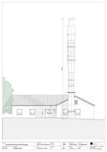 Fasadetegning som viser bygningens utseende sett fra nord, med mål og notater.