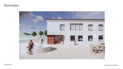 3D-visualisering av en planlagt bygning med omgivelser og møbler.