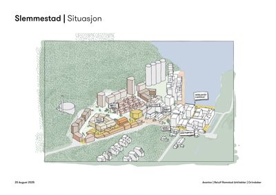 Situasjonsplan som viser bygningenes plassering i forhold til terrenget og nabolaget i Slemmestad.