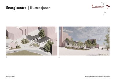 To 3D-visualiseringer av et planlagt bygg og omgivelsene, merket som 'Illustrasjoner'.