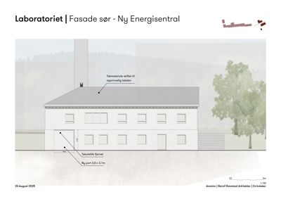 Fasadetegning av en bygning med merknader om endringer på tak og port.