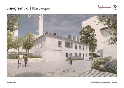 3D-visualisering av en bygning (energisentral) med omgivende landskap og personer for skala.