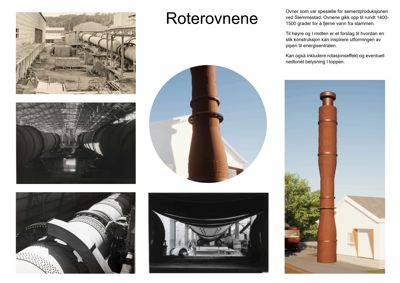 En samling fotografier av roterovner i en industriell setting, inkludert et forslag til en ny utforming.