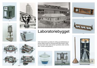 Et collage av historiske fotografier av instrumenter og utstyr fra et laboratorium, samt en bygning.
