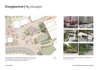 Situasjonsplan som viser plassering av 'Energisentralen' i forhold til omgivelsene, inkludert vegetasjon og eksisterende bygninger.