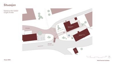 Situasjonsplan som viser bygningenes plassering i forhold til veier og nabolag.