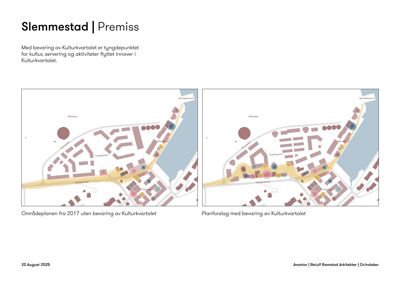Bildet viser to kart som sammenligner en eksisterende områdeplan fra 2017 med et planforslag for en ny bygning. Det er en typisk situasjonsplan eller kartvisning i en byggesak.