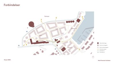 Situasjonsplan som viser forslag til nye bygninger, eksisterende bebyggelse, og planlagte forbindelser (gangveier) i et område ved vannet.