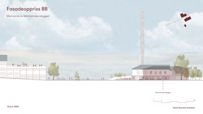 Fasadeoppriks tegning som viser bygningens utseende sett fra siden, inkludert omgivelsene.