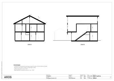 Tegning som viser tverrsnitt gjennom en bygning (Snitt A og Snitt B) med romfordeling, høyder og trapp.