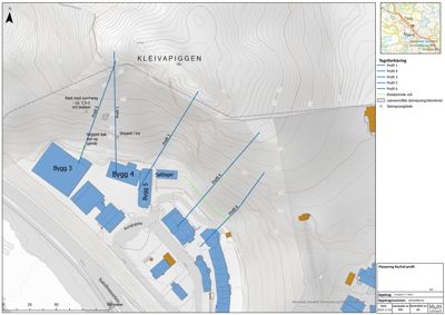 Situasjonsplan som viser plassering av flere bygninger (Bygg 3, 4, 5, Siltager) på tomta 'KLEIVAPIGGEN', inkludert terrengkonturer, profileringer og en tegnforklaring.